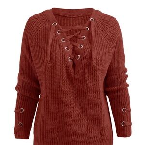 Sadie & Sage V-Neck Lace-Up Sweater - Rust